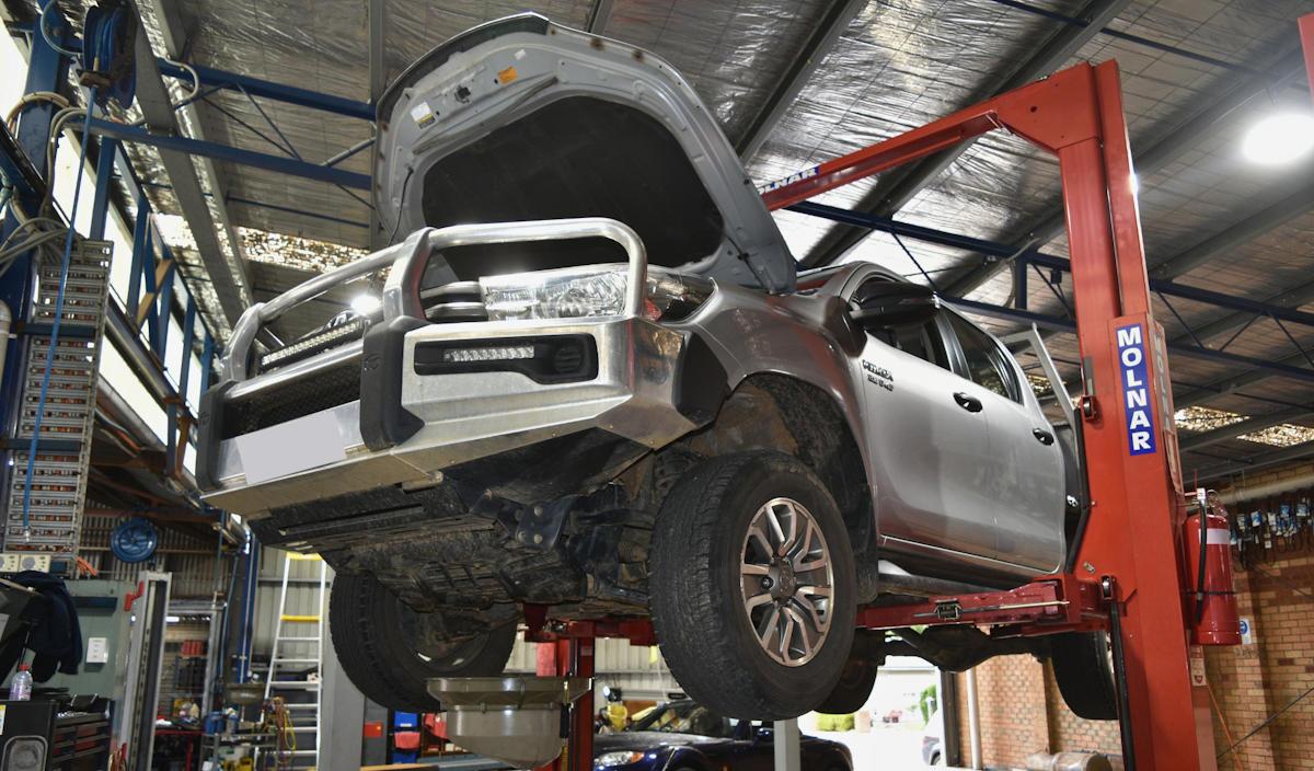 4WD Dual Cab Ute on hoist Log Book Servicing at Paul Tidyman Automotives